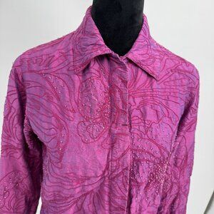 Chicos Purple Embroidered Beaded Silk Button Up Shirt Size M Vintage Y2K Boxy
